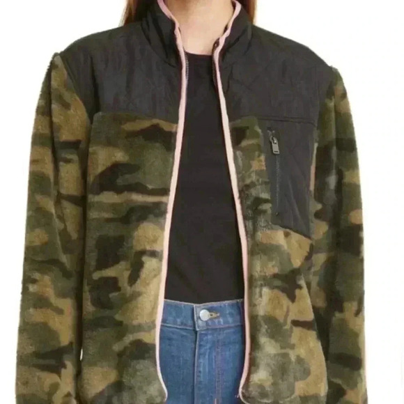 Rails Wesley Front Zip Faux Fur Jacket in Green Camp Black Size Large EUC - Picture 1 of 11